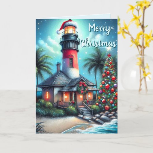 トロピカルお洒落クリスマスライトハウスティール(緑がかった色)レッド カード (黄色い花)