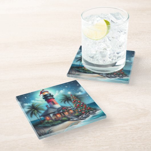 トロピカルお洒落クリスマスライトハウスティール(緑がかった色)レッド ガラスコースター (アングル)