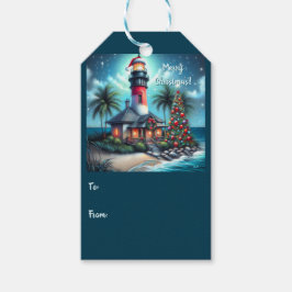 トロピカルお洒落クリスマスライトハウスティール（緑がかった色）レッド ギフトタグ