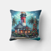 トロピカルお洒落クリスマスライトハウスティール（緑がかった色）レッド クッション (裏面)