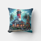 トロピカルお洒落クリスマスライトハウスティール（緑がかった色）レッド クッション (正面)