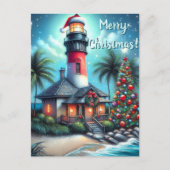 トロピカルお洒落クリスマスライトハウスティール(緑がかった色)レッド シーズンポストカード (正面)