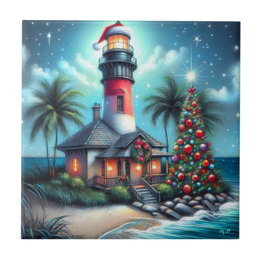 トロピカルお洒落クリスマスライトハウスティール(緑がかった色)レッド タイル (正面)