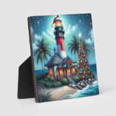 トロピカルお洒落クリスマスライトハウスティール(緑がかった色)レッド フォトプラーク (正面)