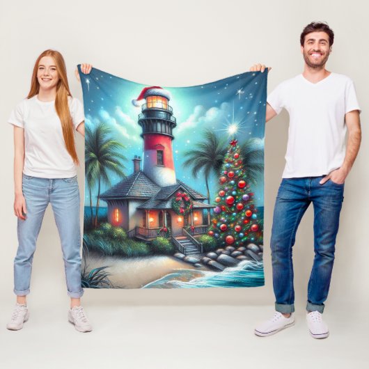 トロピカルお洒落クリスマスライトハウスティール（緑がかった色）レッド フリースブランケット (インサイチュ)