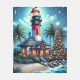 トロピカルお洒落クリスマスライトハウスティール（緑がかった色）レッド フリースブランケット