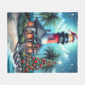 トロピカルお洒落クリスマスライトハウスティール（緑がかった色）レッド フリースブランケット (正面(横))