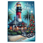 トロピカルお洒落クリスマスライトハウスティール(緑がかった色)レッド ミディアムペーパーバッグ (裏面)