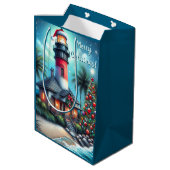 トロピカルお洒落クリスマスライトハウスティール(緑がかった色)レッド ミディアムペーパーバッグ (裏面アングル)