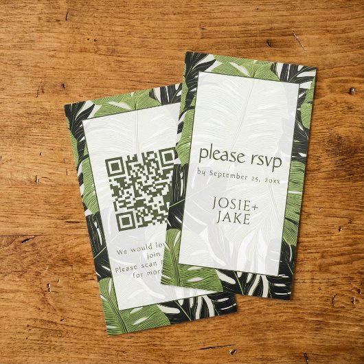 トロピカルお願いRSVPとはっきりしたグリーンモダンジャングル エンクロージャーカード