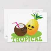 トロピカルかわいいかわいいココナッツとパイナップル ポストカード (正面/裏面)