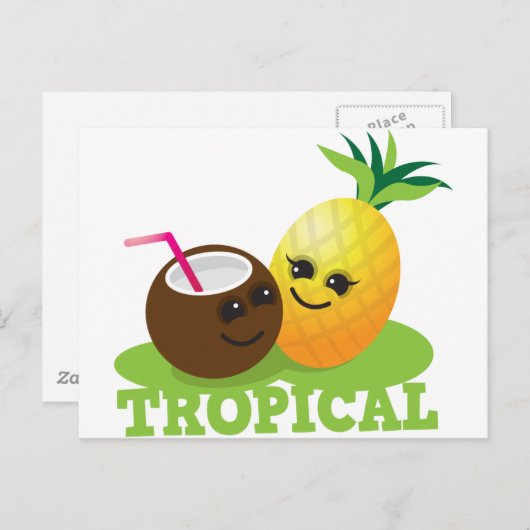 トロピカルかわいいかわいいココナッツとパイナップル ポストカード (正面/裏面)