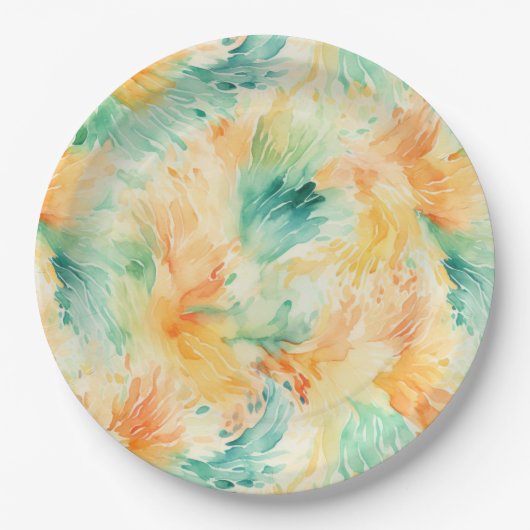 トロピカルかわいらしティール（緑がかった色）オレンジクリーム ペーパープレート (正面)