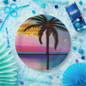 トロピカルかわいらしパームと紫の夕日 ペーパープレート (パーティー)