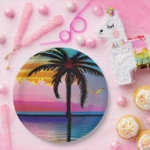 トロピカルかわいらしパームと紫の夕日 ペーパープレート (パーティー)