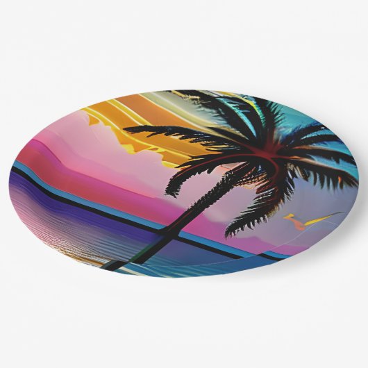 トロピカルかわいらしパームと紫の夕日 ペーパープレート (アングル)