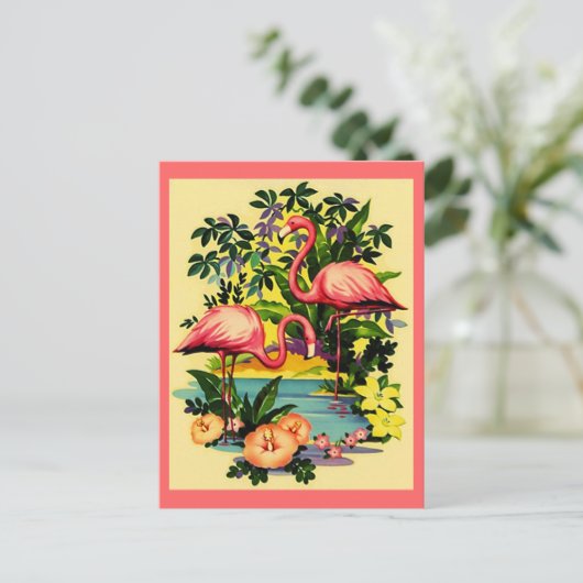 トロピカルかわいらしフォレストハガキのピンクのフラミンゴ ポストカード (スタンド正面)