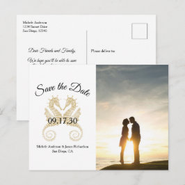 トロピカルなゴールドのタツノオトシゴの結婚式の保存日フォト 案内ポストカード