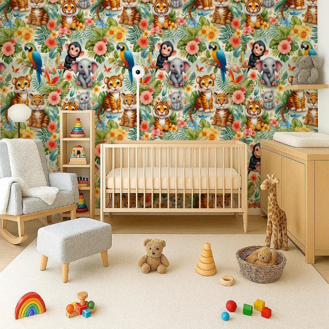 トロピカルなジャングルの赤ちゃん動物の壁紙 壁紙 (Baby Jungle Animals Tropical Nursery Wallpaper)