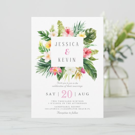 トロピカルなパームツリーの葉と花のデザイン - オーダーメイド 招待状 (スタンド正面)