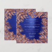 トロピカルなフェルンリーフのフレーム ローズゴールド カッパー ブルー 招待状 (正面/裏面)