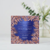 トロピカルなフェルンリーフのフレーム ローズゴールド カッパー ブルー 招待状 (スタンド正面)