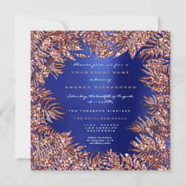 トロピカルなフェルンリーフのフレーム ローズゴールド カッパー ブルー 招待状