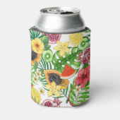 トロピカルなミックスフルーツ、花、葉の白背景 缶クーラー (缶裏面)