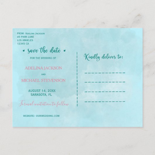 トロピカルなルアウの海辺の結婚式 フォト セーブデート スクリプト 案内ポストカード (裏面)