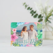 トロピカルなルアウの海辺の結婚式 フォト セーブデート スクリプト 案内ポストカード (スタンド正面)