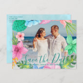 トロピカルなルアウの海辺の結婚式 写真入りセーブ・ザ・デート台本 案内ポストカード (正面/裏面)