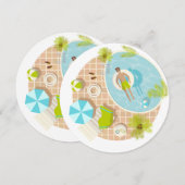 トロピカルな夏のビーチでのバケーション中のプール担当 招待状 (正面/裏面)