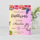 トロピカルな夏の花とピンクのフラミンゴの誕生日 招待状 (スタンド正面)