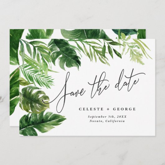 トロピカルな水彩画の草花で飾られたSave the Date セーブザデート (正面/裏面)