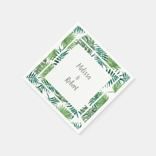 トロピカルな水彩画の葉が花嫁と花婿の結婚式を彩る スタンダードカクテルナプキン (角)