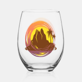 トロピカルな火山の風景とヤシの木のバッジ ステムなしワイングラス