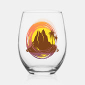 トロピカルな火山の風景とヤシの木のバッジ ステムなしワイングラス (裏面)