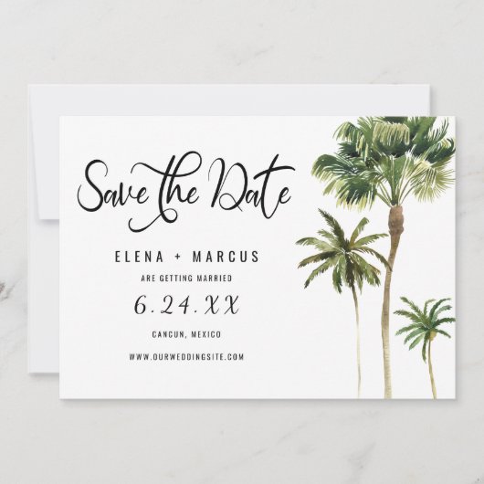 トロピカルな目的地 パームツリー Save The Date 招待状 (正面)