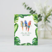 トロピカルな色の鳥と葉 Save the Date 案内ポストカード (スタンド正面)
