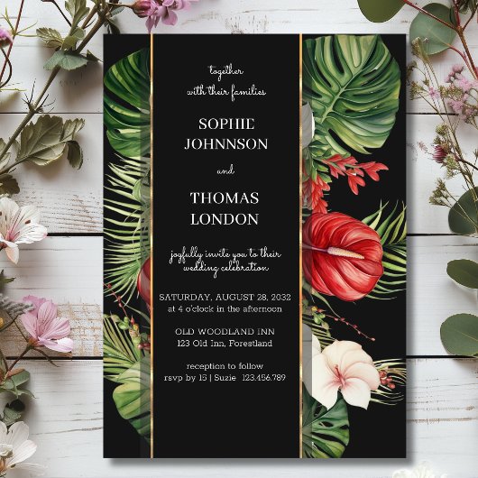 トロピカルな花と葉のダークウォーターカラー結婚式 招待状