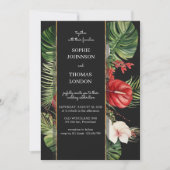 トロピカルな花と葉のダークウォーターカラー結婚式 招待状 (正面)