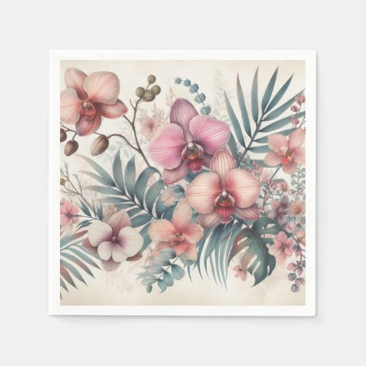 トロピカルな花と葉の水彩 スタンダードカクテルナプキン (正面)