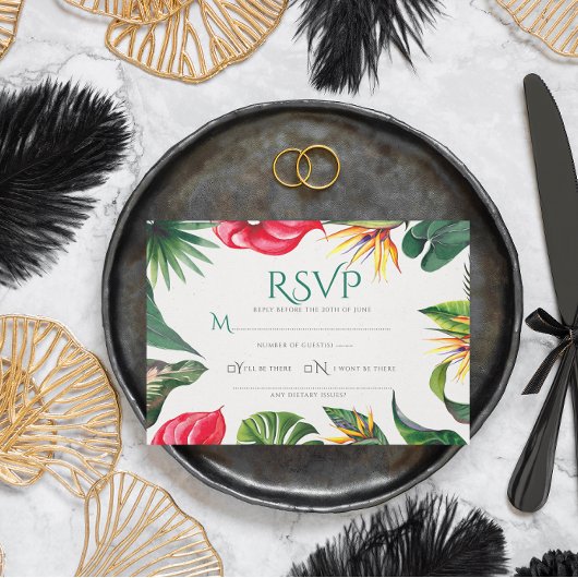 トロピカルな花と離れエレガントウェディング サンキューカード