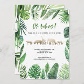 トロピカルな葉とゴールドの動物の双子ベビーシャワー (正面/裏面)