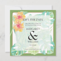 トロピカルな葉とピンクのフラミンゴ Save The Date カード