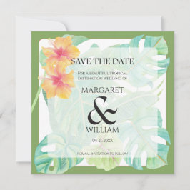 トロピカルな葉とピンクのフラミンゴ Save The Date カード