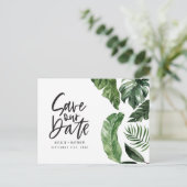 トロピカルな葉と手書き文字の結婚式 ポストカード (スタンド正面)