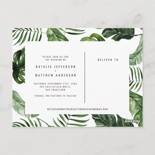 トロピカルな葉と手書き文字の結婚式 ポストカード (裏面)