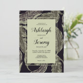トロピカルな葉のセージ緑の黒いスクリプト結婚の 招待状 (スタンド正面)