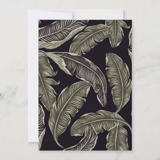 トロピカルな葉のセージ緑の黒いスクリプト結婚の 招待状 (裏面)